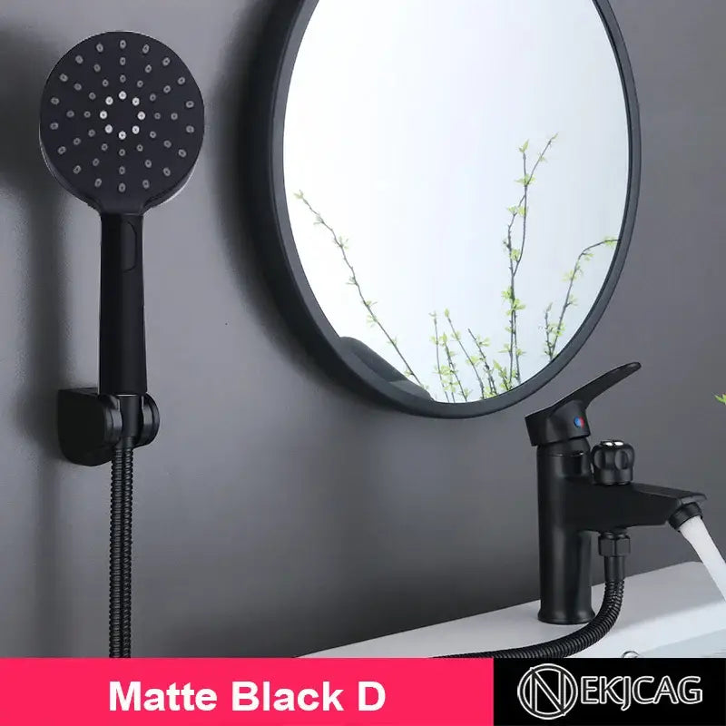 Matte black handheld showerhead with multiple nozzles in modern black copper basin faucet decorbites black copper design