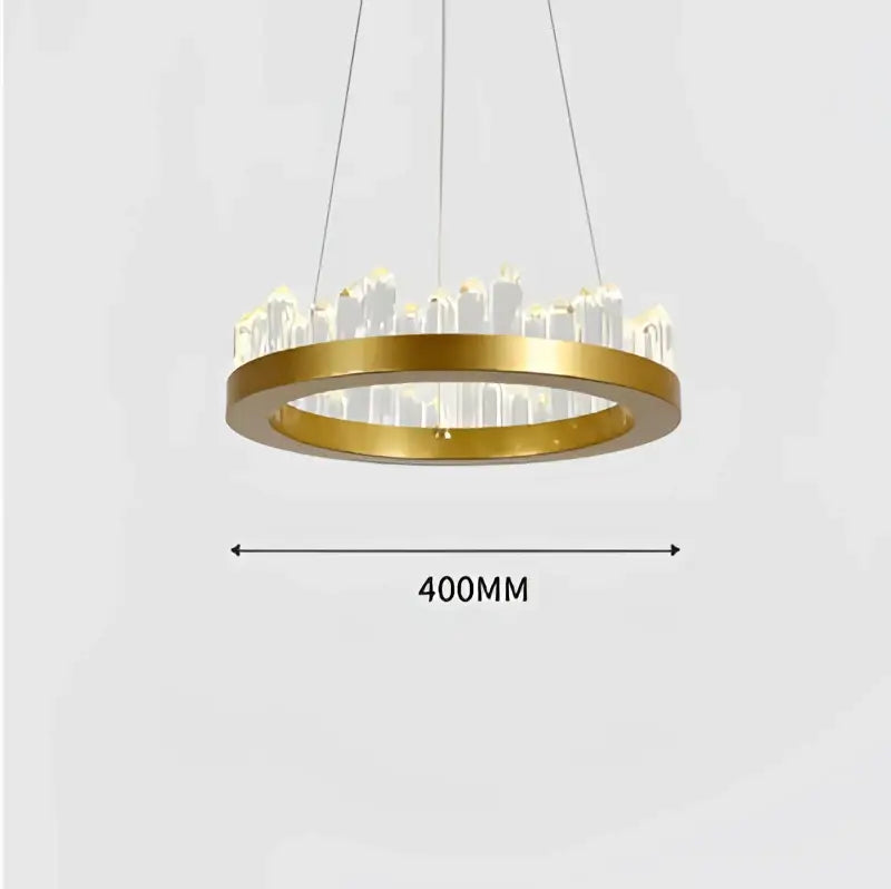 Modern black crystal led pendant light with gold-toned circular frame and integrated led bulbs measuring 400mm across