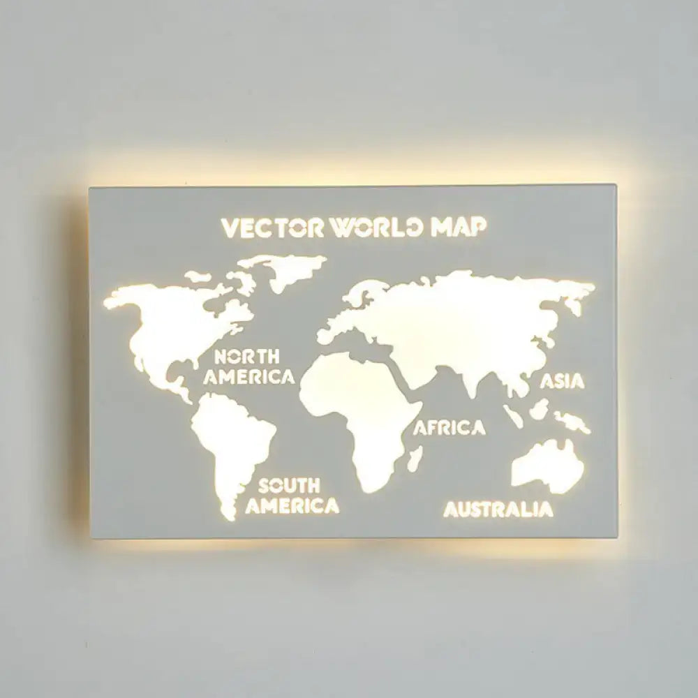 A sleek gray wall sconce light with illuminated world map continents for modern living room decor