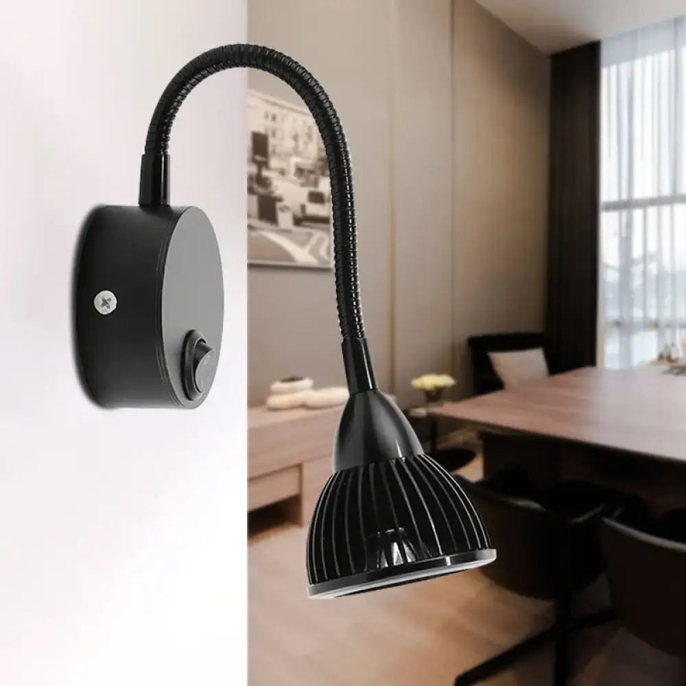 Black finish flexible gooseneck led task lamp with metal shade wall mount and warm white light for bedroom use