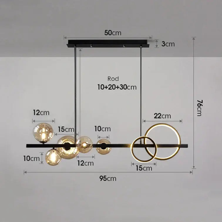 Modern black glass bubble chandelier with gold geometric rings and spherical bulbs for dining room lighting