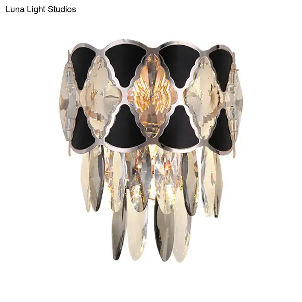 Modern black and silver crystal wall lamp fixture with metallic frame and cascading clear crystal accents for living room