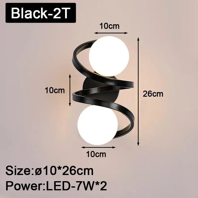 Modern black and gold decorbites black copper led wall lights with black spiral design and two spherical led bulbs for bedroom