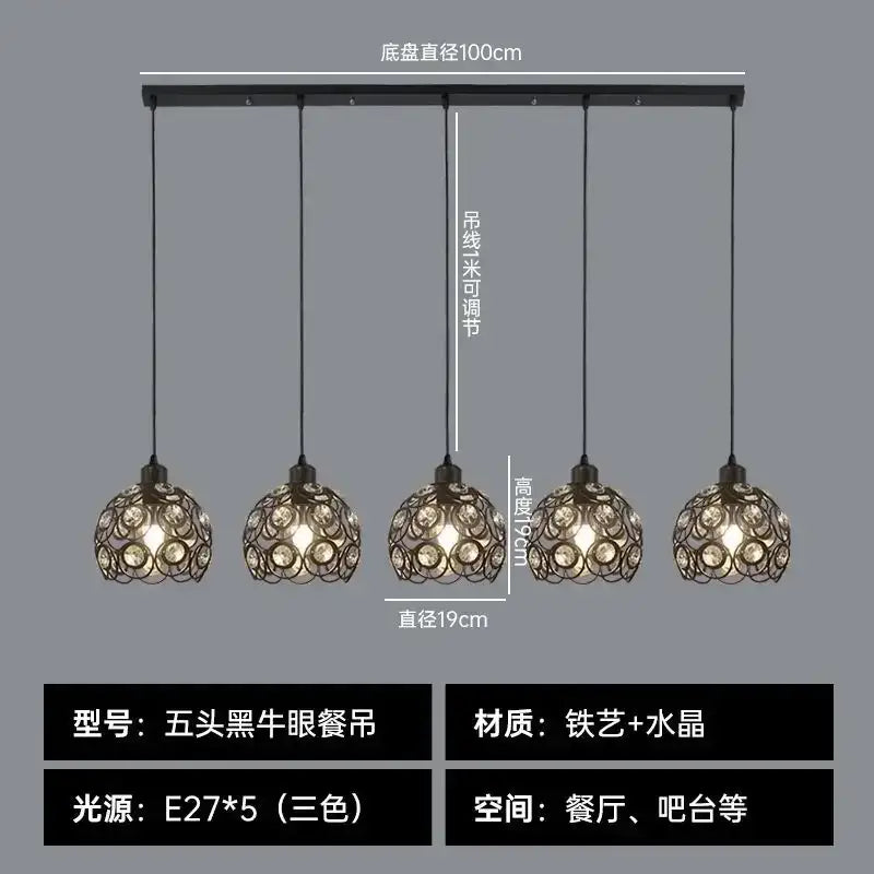 Modern black iron cage pendant lamp with five-head black cow eye design and decorbites crystal dining accents