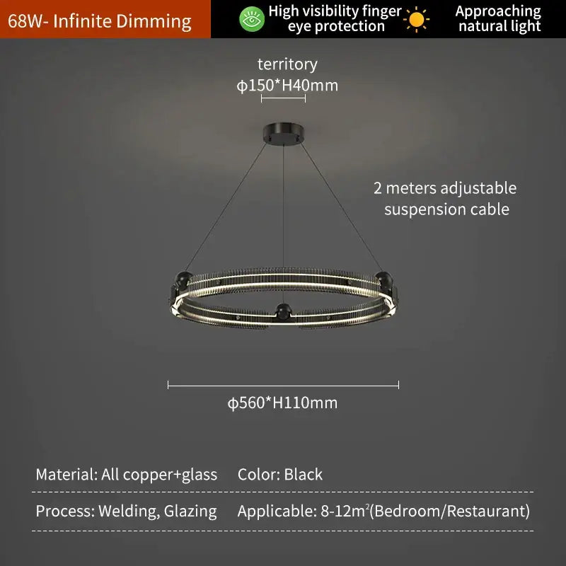 Modern black light luxury circular pendant made of copper and glass with luxury circle led design for living room decorbites light luxury