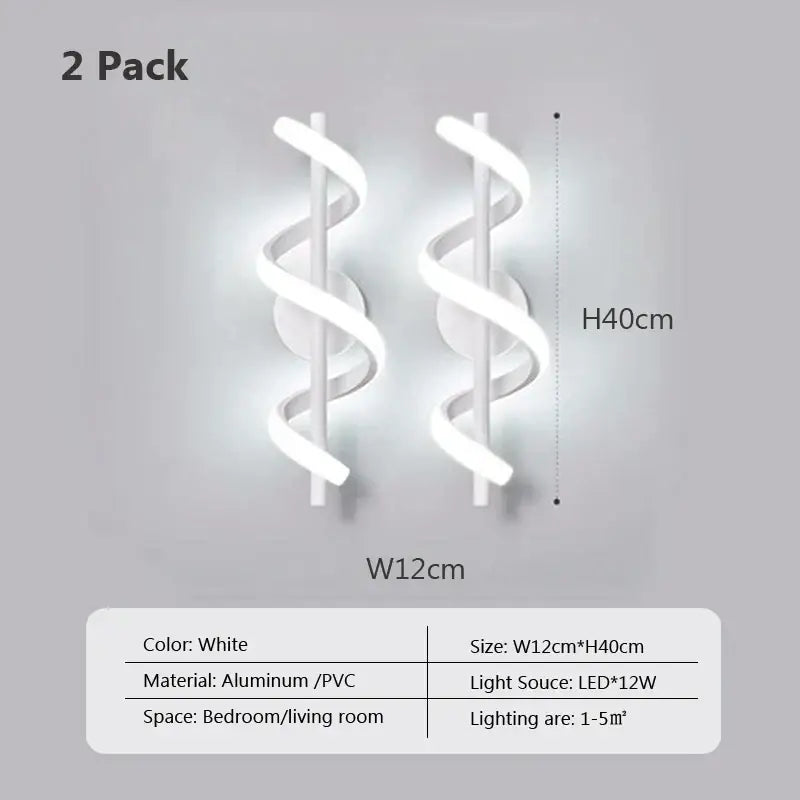 White spiral led wall lamp made of aluminum and pvc measuring 12cm by 40cm for modern bedroom use