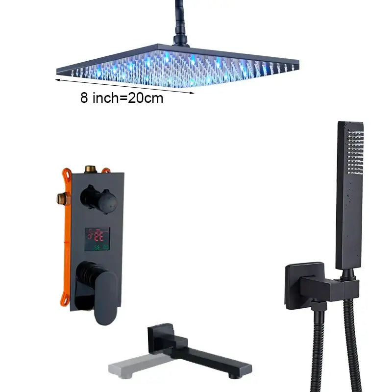 Modern black square shower faucet set featuring 8-inch rain shower head with blue led lights for bathroom use