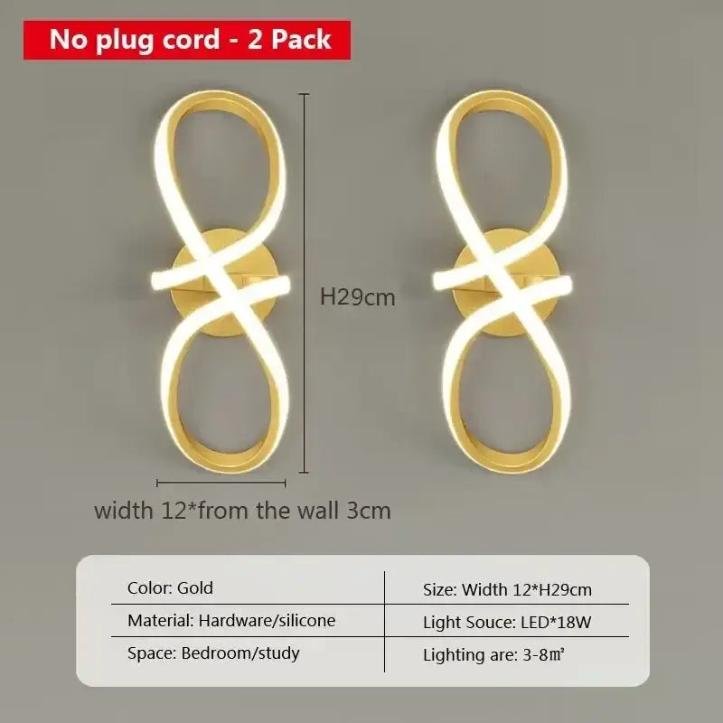 Gold nordic led wall sconce in infinity shape with sleek gold hardware and silicone for modern bedroom decorbites lighting