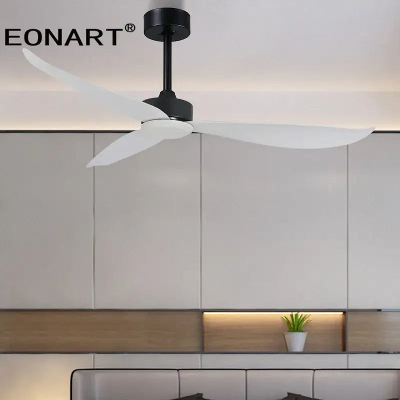 Modern black and white plastic blade ceiling fan with remote control for bedroom featuring sleek design