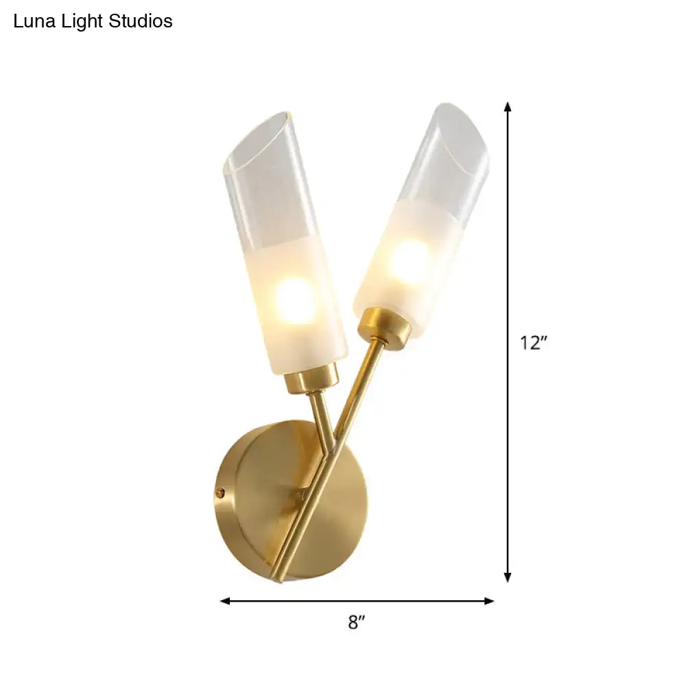Modern brass 2-light wall sconce with gold-toned metal and frosted glass shades for 110v-120v or 220v-240v use