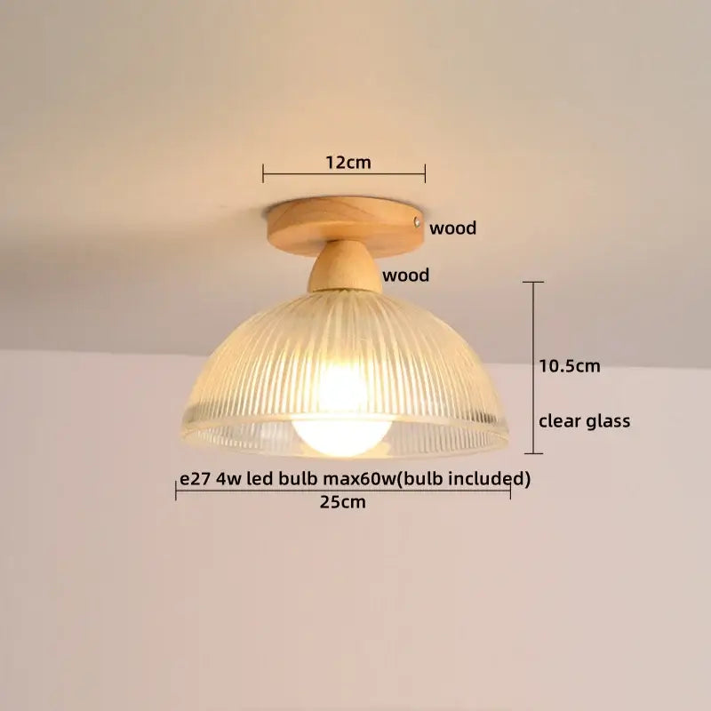 Modern brass and wood led ceiling light featuring a warm-toned natural wood base and clear ribbed glass shade for decorbites ceiling light decor
