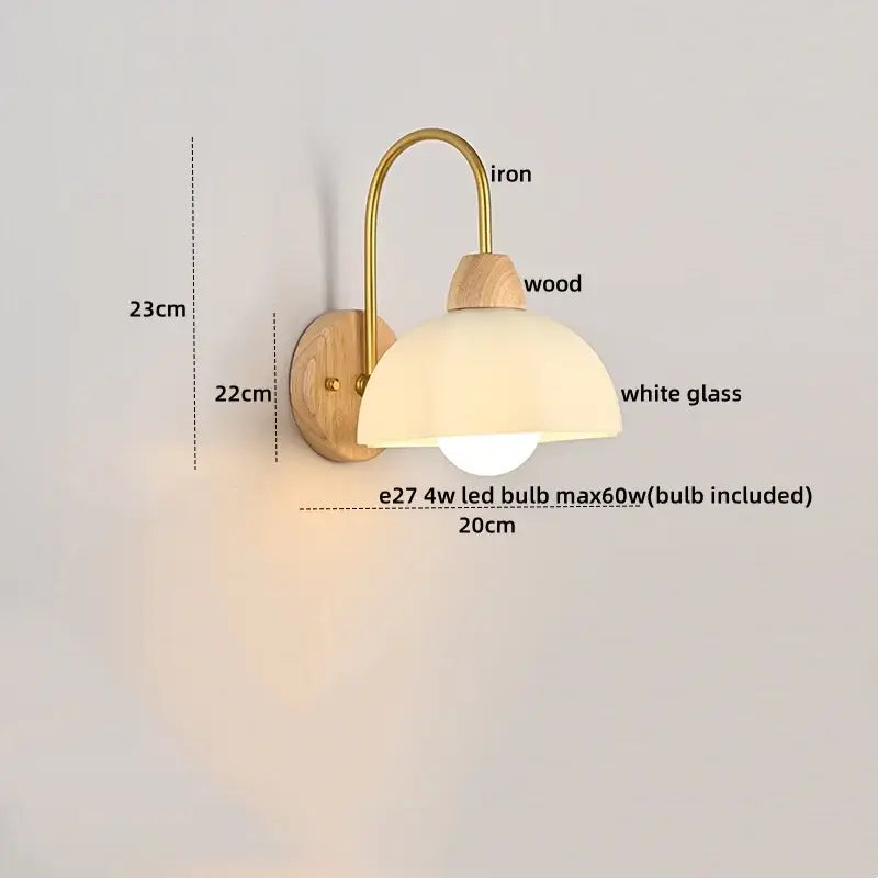 A warm-toned modern brass and wood tulip led wall lamp with off-white glass shade for living room decorbites led wall lamps