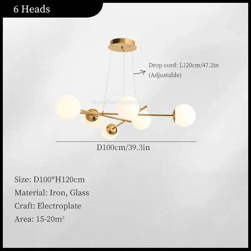 Gold electroplated iron pendant light with six frosted glass globes decorbites french glass ball for dining room decor