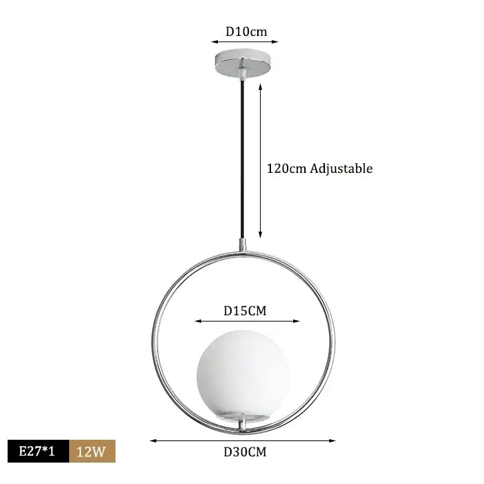 A modern brass glass ball pendant light with a chrome circular frame and frosted white glass ball bulb for decorbites pendant lights