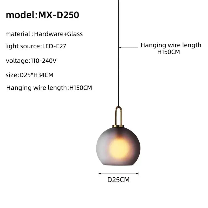 Modern brass glass staircase chandelier featuring a spherical frosted glass shade with brass hardware model mx-d250