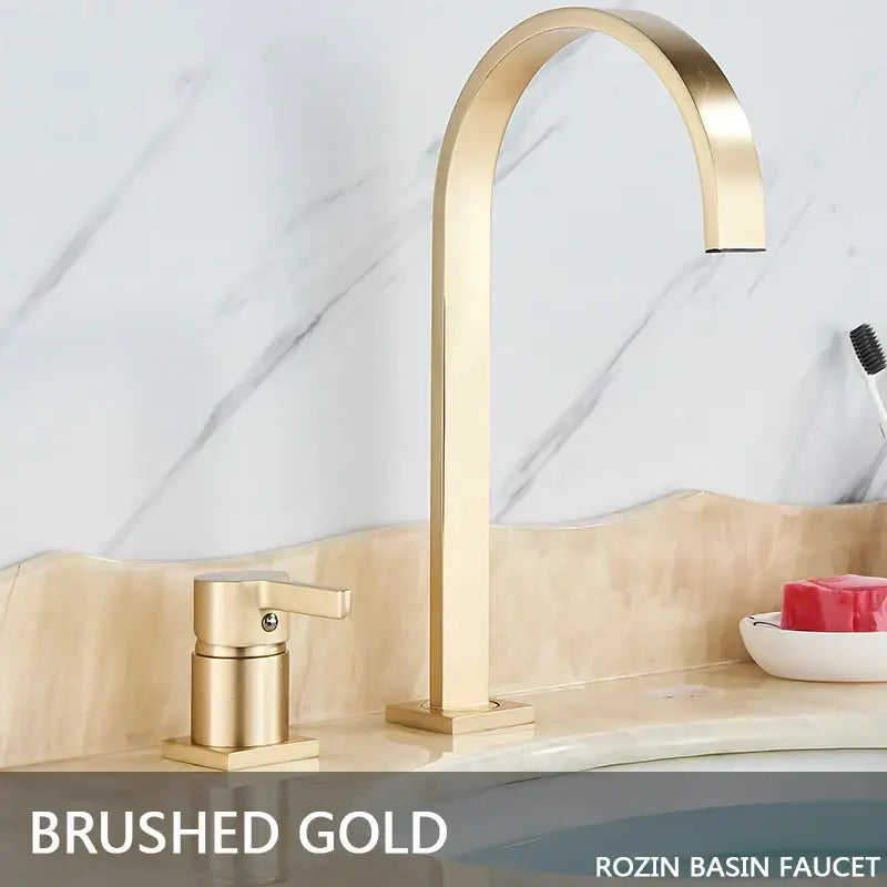 Modern brushed gold basin faucet with sleek square base in decorbites brushed gold finish for bathroom sink use
