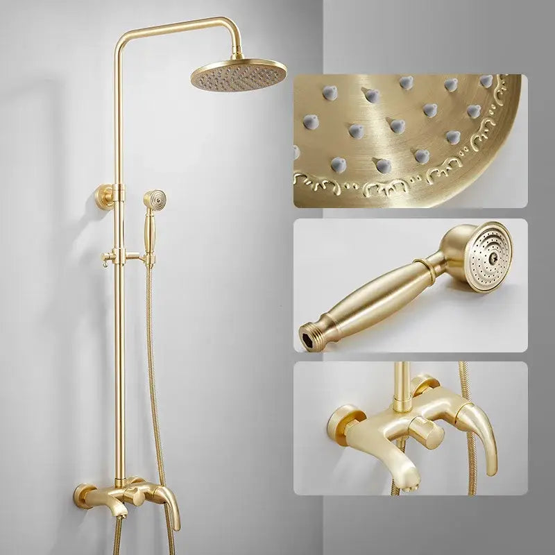 Modern brushed gold shower set featuring a brass rainfall rainhead handheld sprayer and bathtub faucet by decorbites