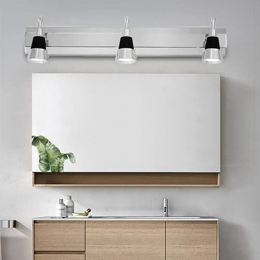 Modern chrome adjustable wall lamp with three black conical shades for bathroom vanity lighting