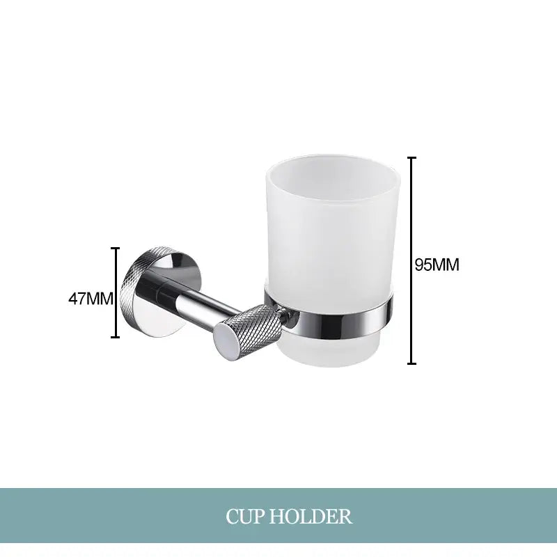 Modern chrome wall-mounted cup holder with frosted white glass tumbler from decorbites bathroom essentials set