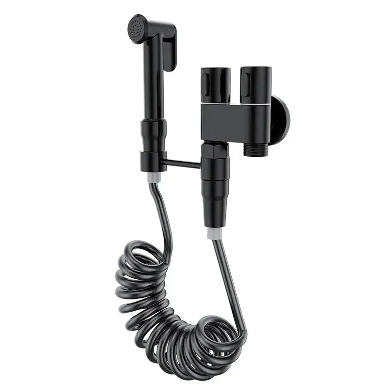 Black matte-finish brass bidet set with wall-mounted dual-handle control and coiled hose for high-pressure use