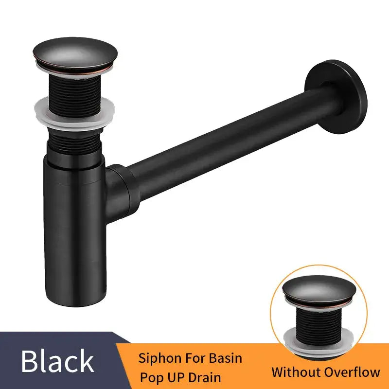 Black matte brass round bottle trap with pop-up drain mechanism for modern decorbites bathroom sink drains