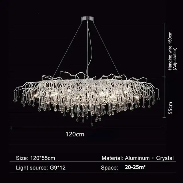 A modern chrome crystal water drop branch chandelier with clear crystal droplets and aluminum frame for living rooms