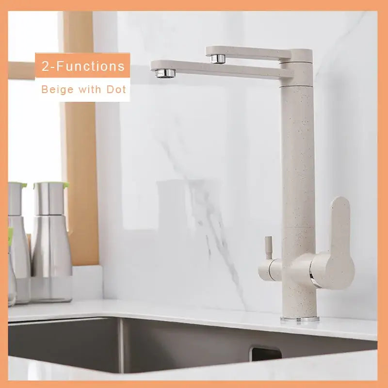 Beige modern chrome decorbites dual handle waterfilter kitchen faucet with 360 rotation and subtle dot texture