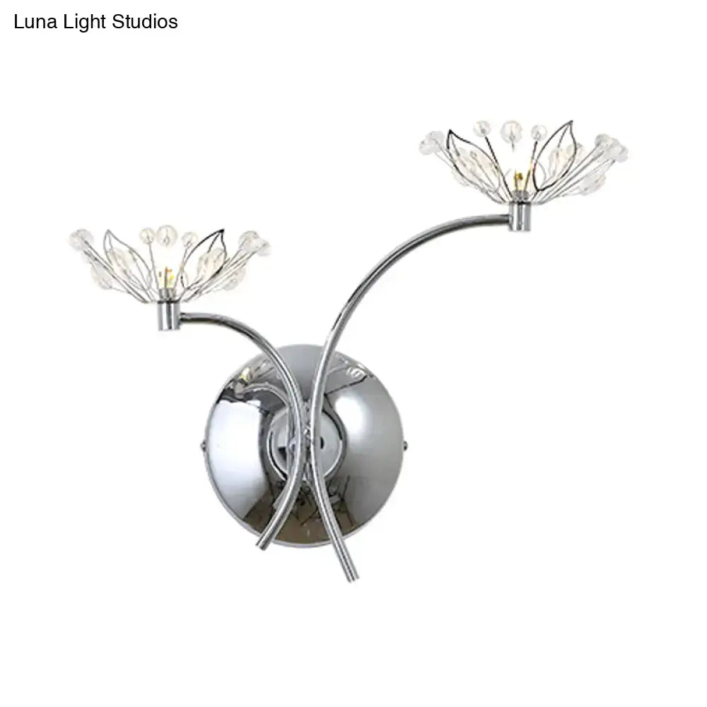 Modern chrome flower wall lamp with two curved arms and crystal petals wall light for 110v-120v use