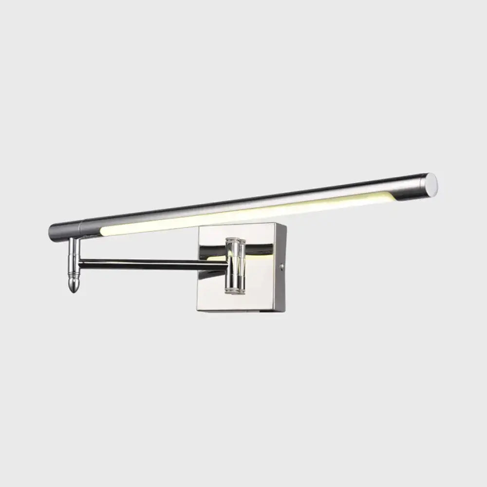 Modern chrome led vanity sconce with warm white light, sleek cylindrical design, adjustable arm, suitable for 110v-120v or 220v-240v