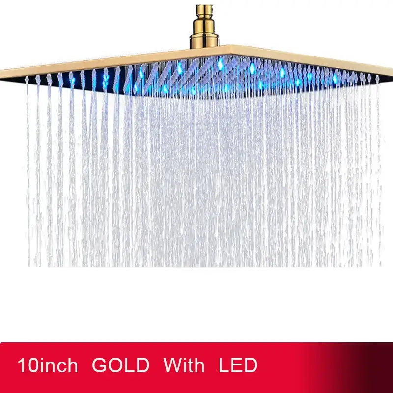 A 10-inch gold square led rainfall shower head with blue edge lights and sleek metallic finish flows water downward