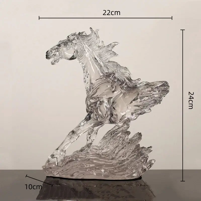 Modern clear horse resin sculpture with black accents and flowing mane on textured base for living room decorbites decorbites clear horse