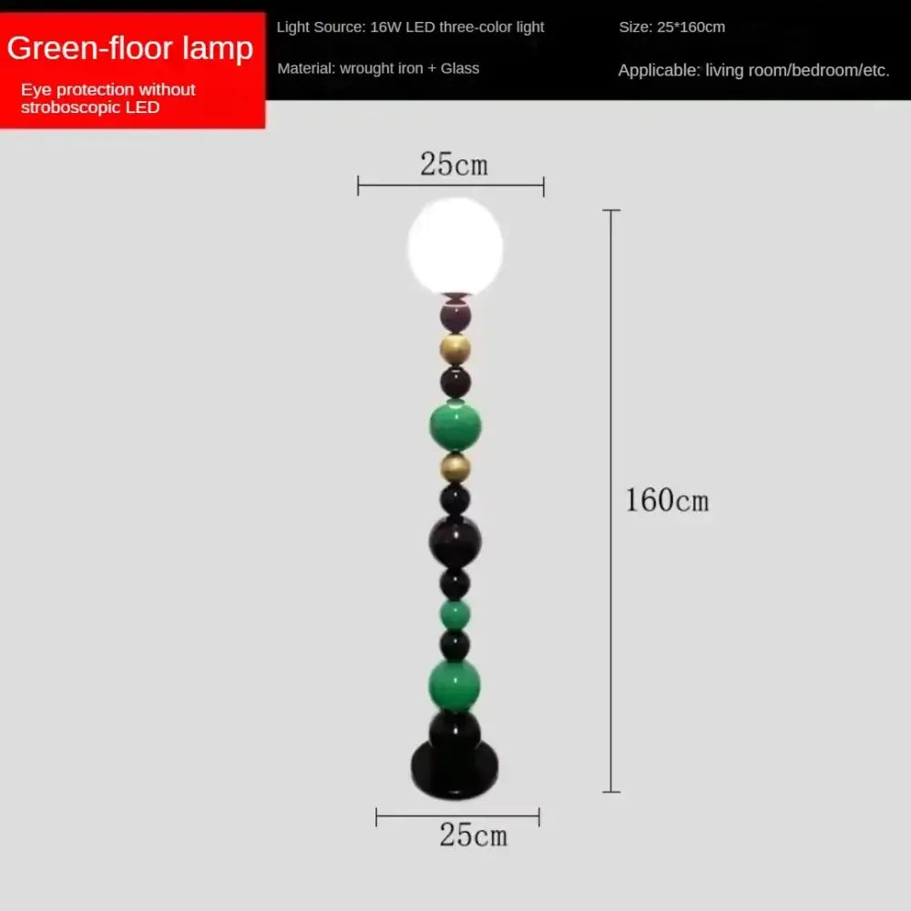 Modern colorful glass ball floor lamp with green and black glass orbs and gold-toned metal beads for living room