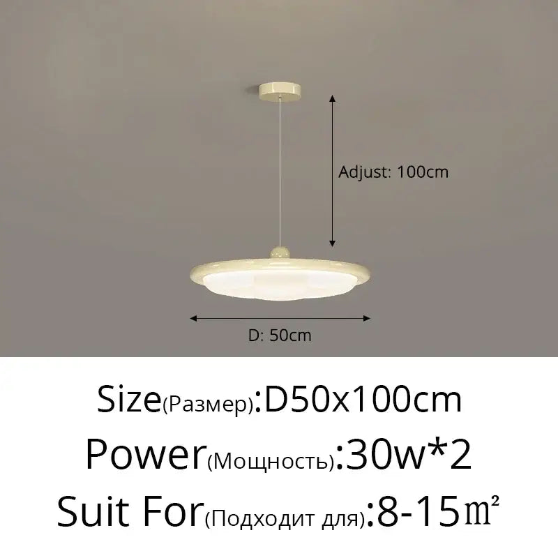Cream-colored modern geometric led ceiling light with sleek circular design and adjustable hanging length for bedroom lighting