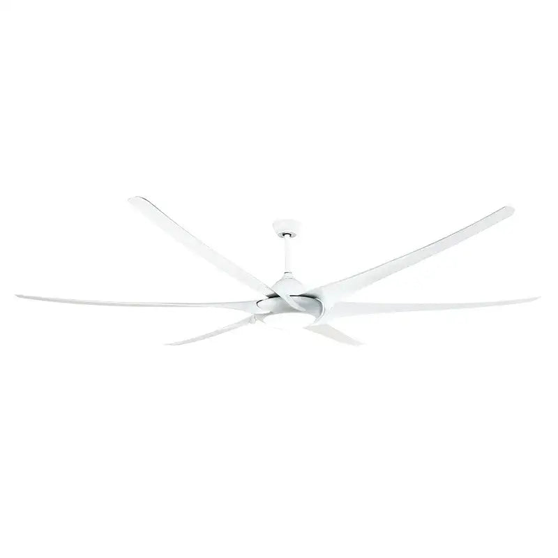 Modern dark bronze 100 inch large ceiling fan with white sleek modern blades and minimalist design for living room use