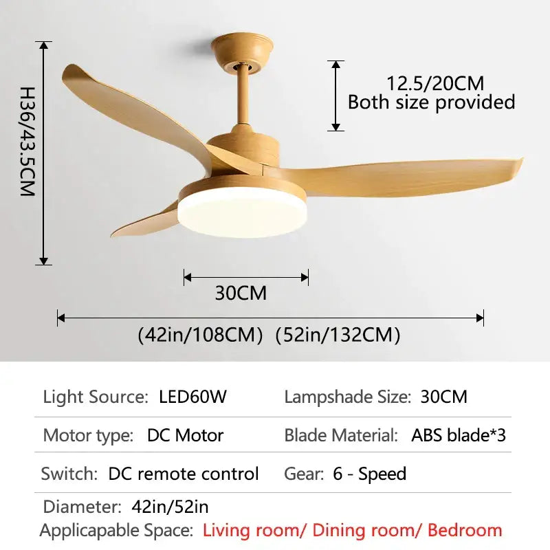 Modern dark wood ceiling fan with three light-colored abs blades, led light, and remote control for bedroom use