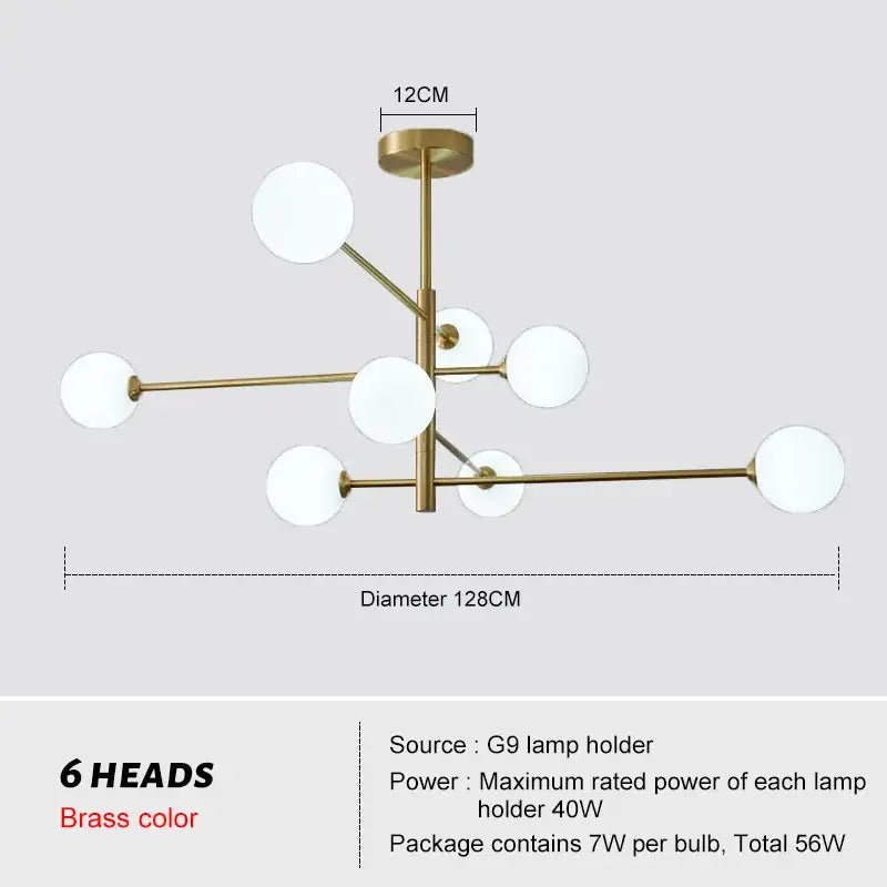 Modern decorbites glass brass chandelier featuring six spherical white glass lamp heads in brass color for living room