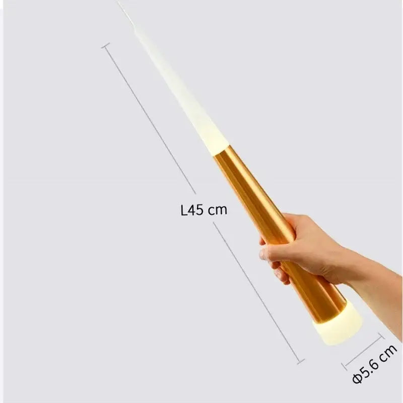 A sleek golden finished led torch with tapered design and glowing light for decorbites black acrylic led chandelier use