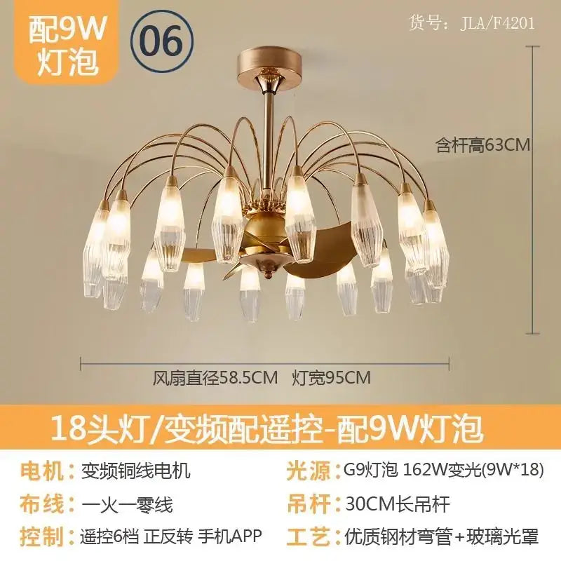 Modern gold crystal ceiling fan lights chandelier with 18 glass shades and elegant spiderweb design for living rooms