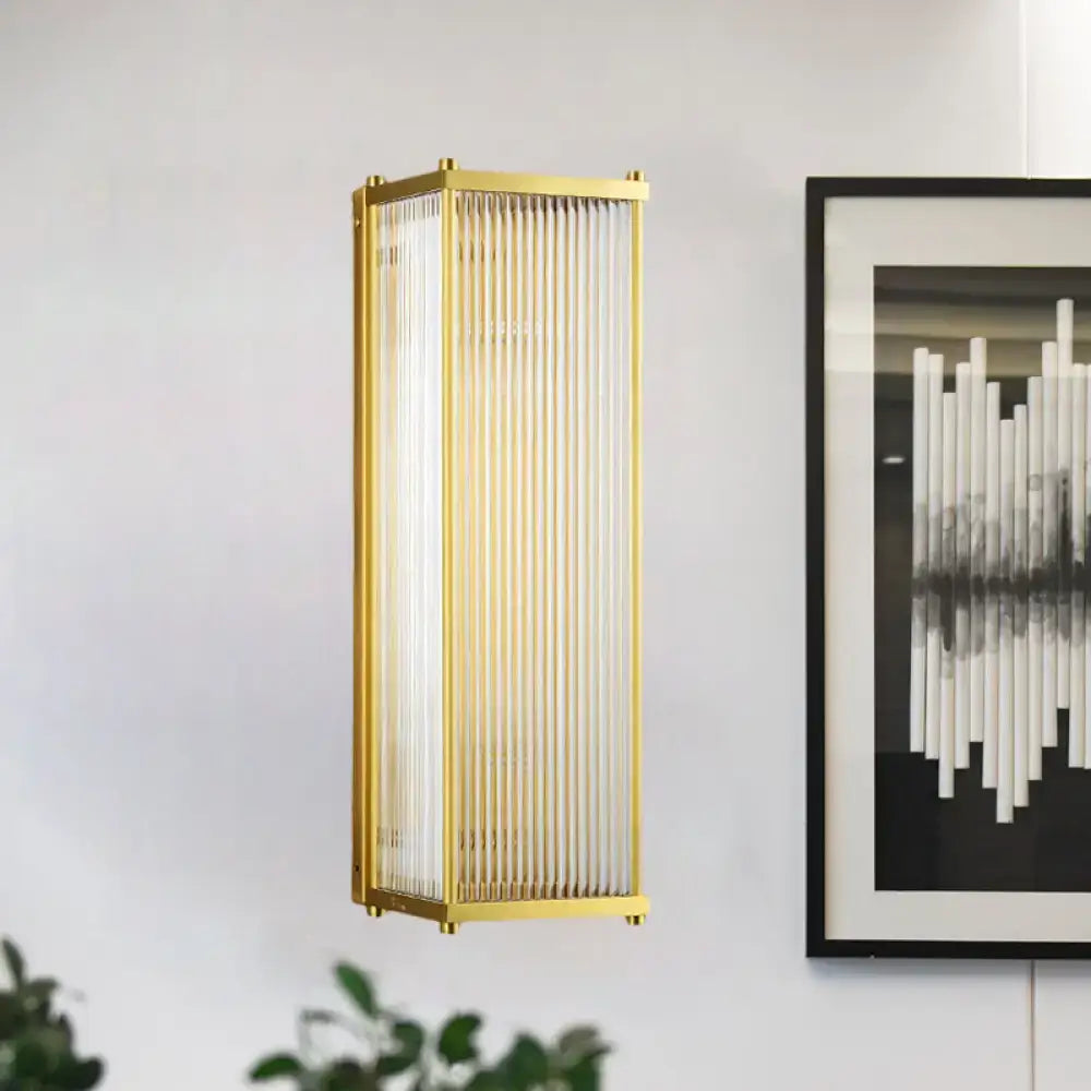 Modern gold crystal cuboid wall sconce light with vertical frosted glass panels direct wired electric for bedroom use