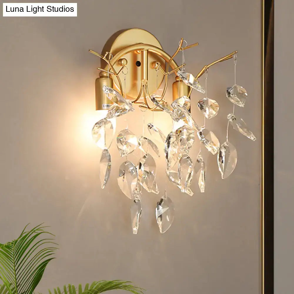 Modern gold crystal leaf light fixture porch wall sconce with gold-toned finish and dangling crystal leaf accents 220v-240v 110v-120v