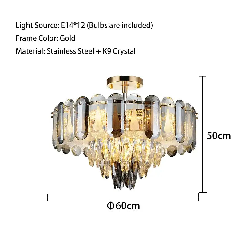 Modern gold crystal led ceiling chandelier with stainless steel and k9 crystal elements for dining room decorbites crystal led