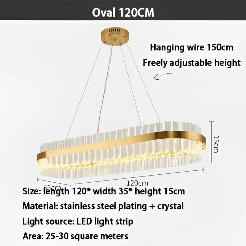 Modern gold crystal ring chandelier with oval gold stainless steel frame and clear crystal accents for dining room lighting