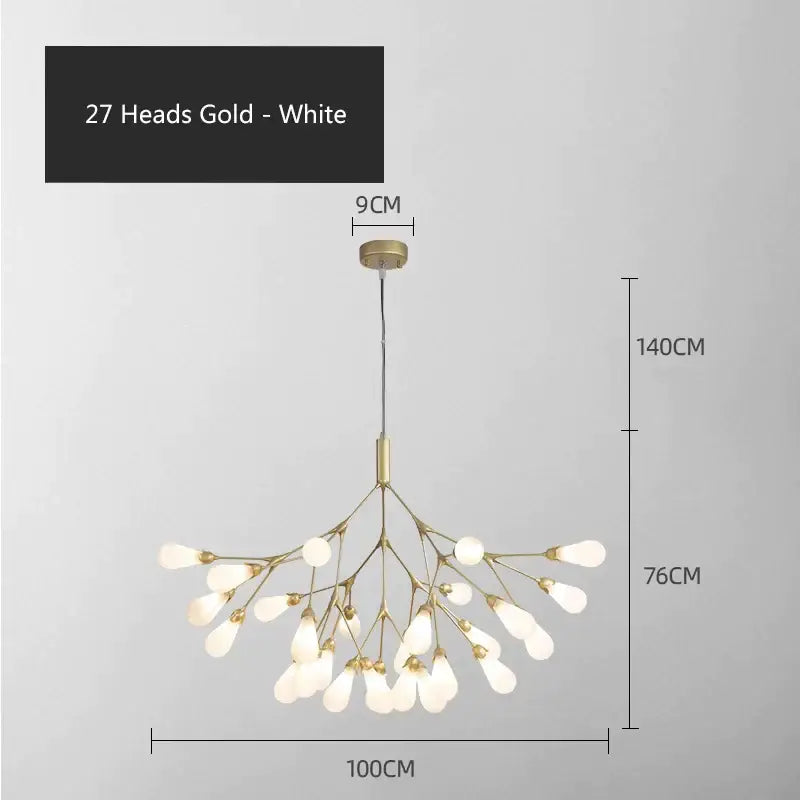 Gold-finished decorbites elegant firefly chandelier with 27 white teardrop glass lights in a branching dining room design