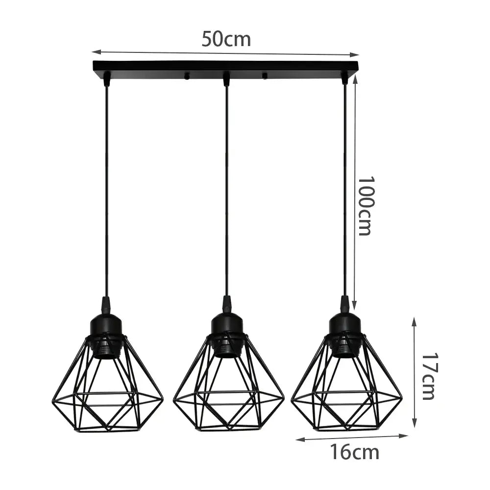Black metal geometric iron frame pendant chandelier with three diamond-shaped cages for modern decorbites iron frame lighting