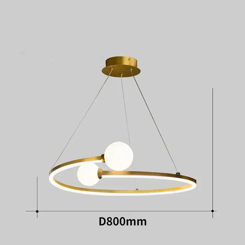 Modern gold nordic ring led chandelier with gold-toned circular pendant and two spherical bulbs for dining room decorbites gold nordic