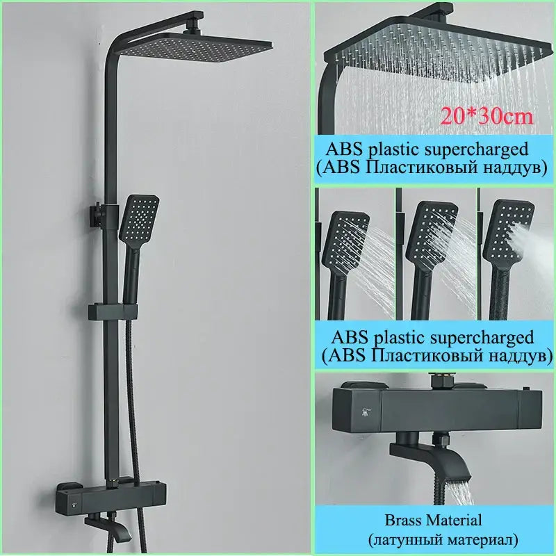 Modern gold rainfall shower faucet set featuring black ABS plastic system with square rainhead and brass valve faucet set