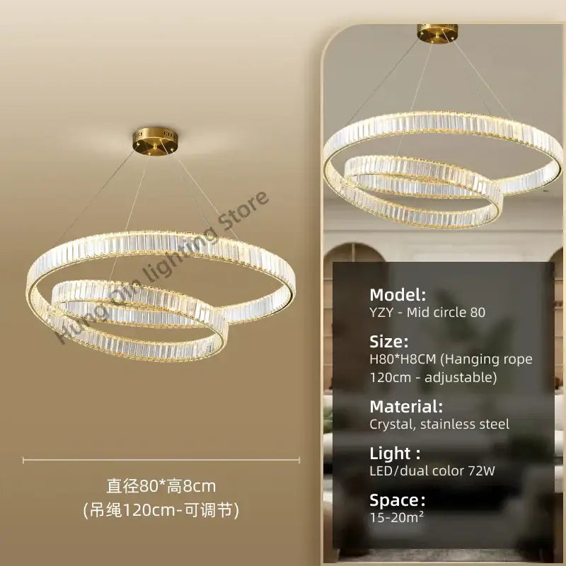 Modern gold ring crystal led pendant light with double-ring chandelier and stainless steel frame for living room decorbites crystal led