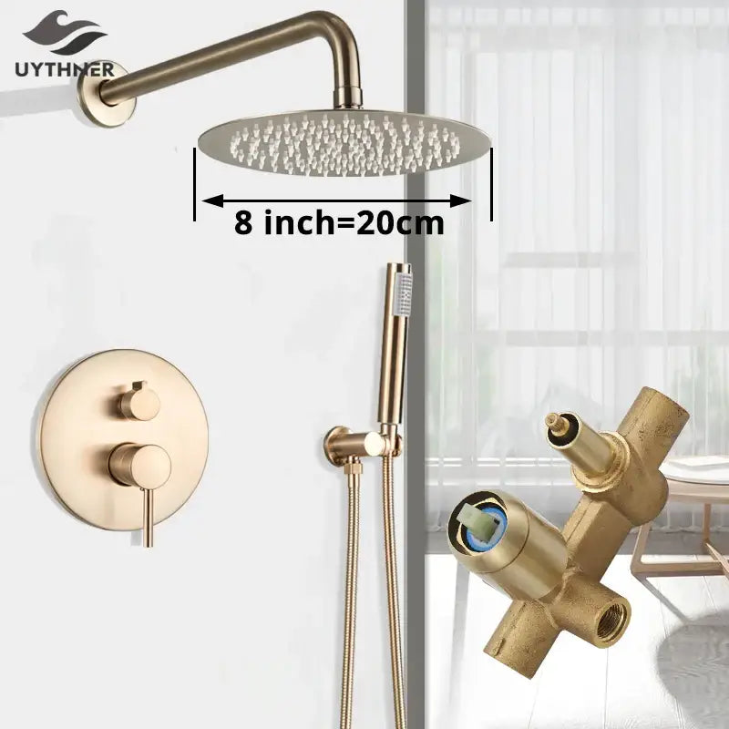 Brass-finished decorbites gold shower faucet with 8-inch rainhead handheld sprayer and wall-mounted control valve