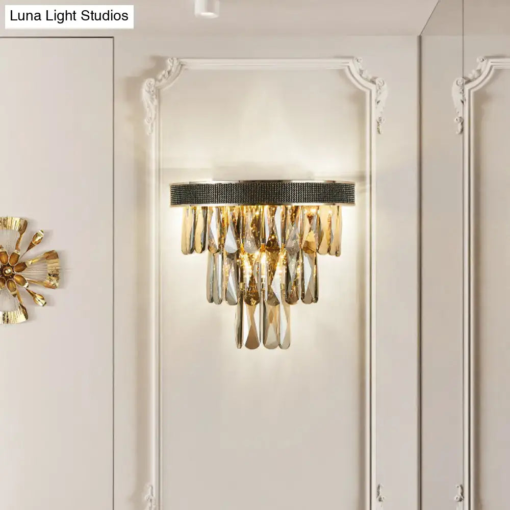Modern gold smoke grey crystal block wall lamp with elegant gold-toned crystal chandelier and black beaded top 220v-240v 110v-120v
