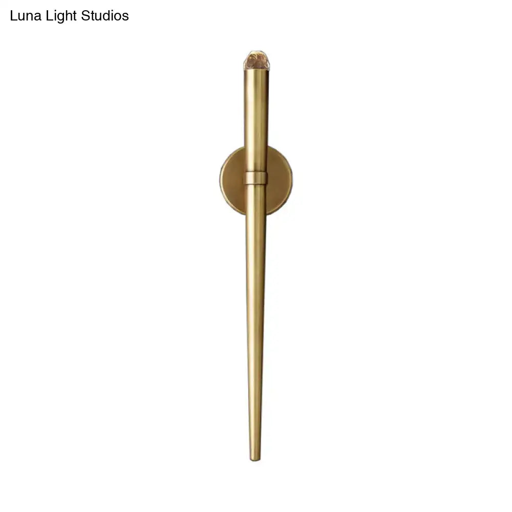 Modern gold tapered crystal led wall lamp with brass finish and circular mount for living room lighting
